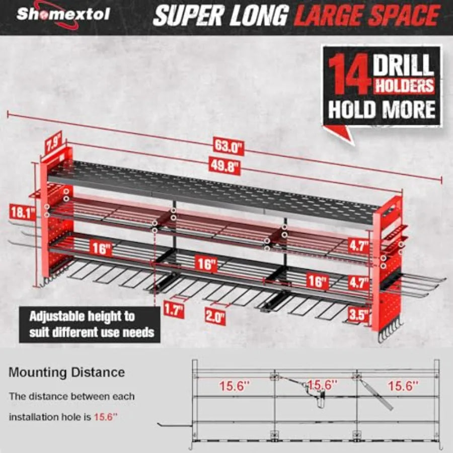 49.8" Wall Mount Power Tool Organizer with 14 Drill Holders