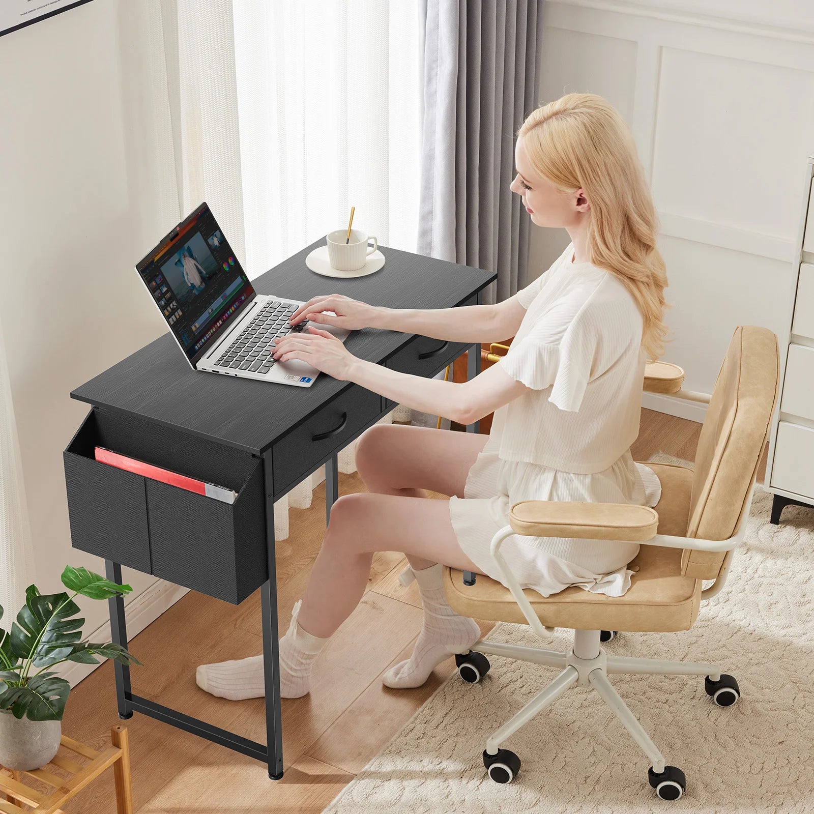 32 Inch Modern Office Desk with Drawers and Side Storage Bag