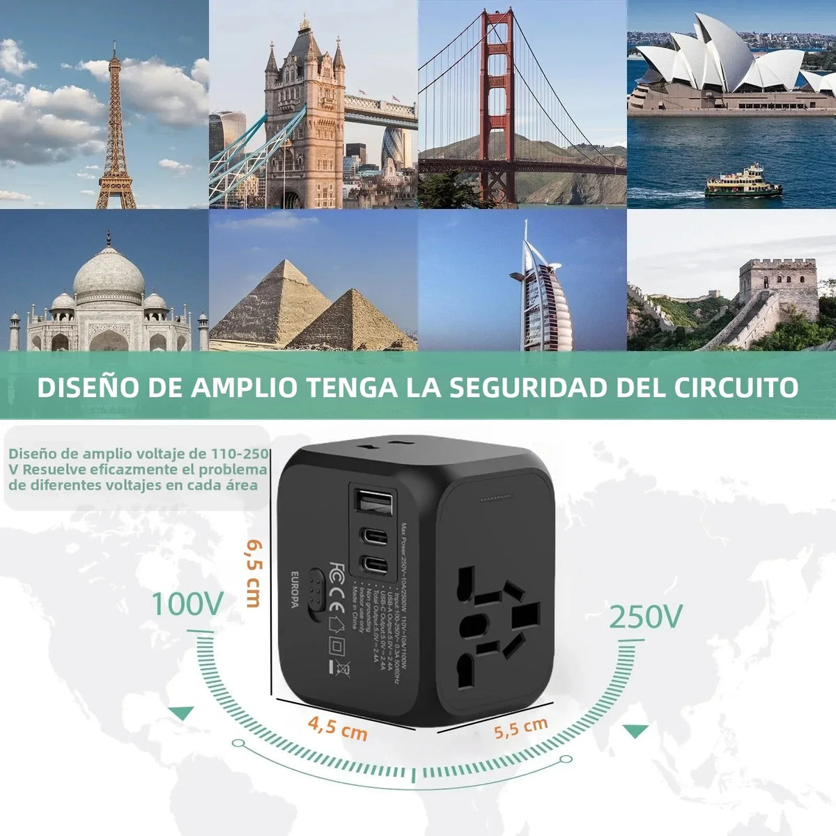 176N Travel Plug Adapter with USB-A and USB-C