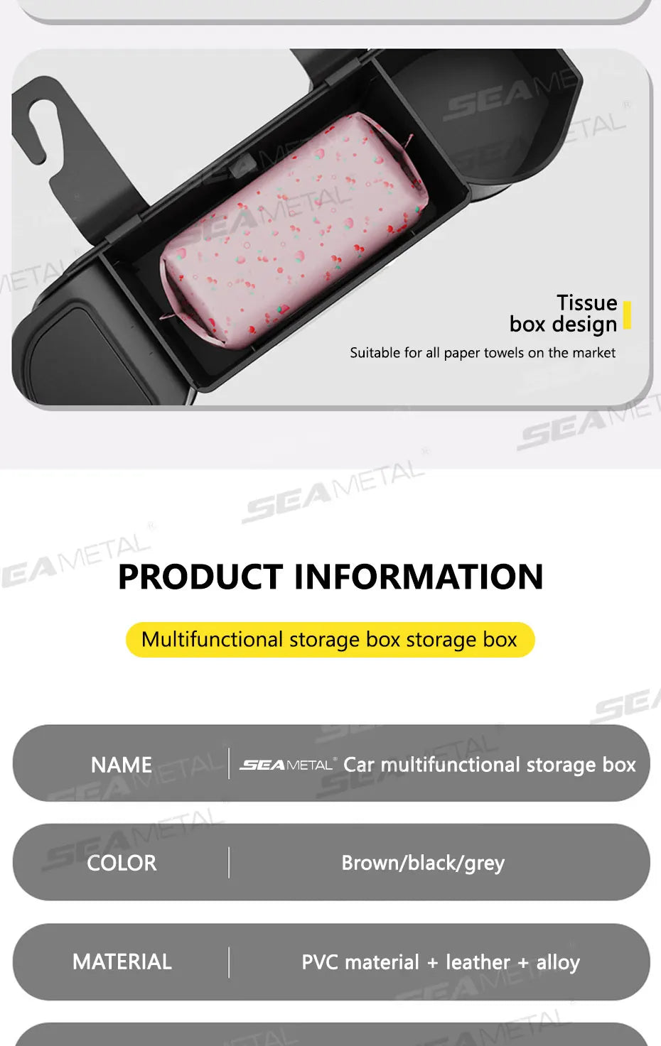 SEAMETAL Car Back Seat Organizer Multifunctional Car Storage Box Universal Cup Holder/Trash Bin/Tissue Holder/Phone Mount/Hooks