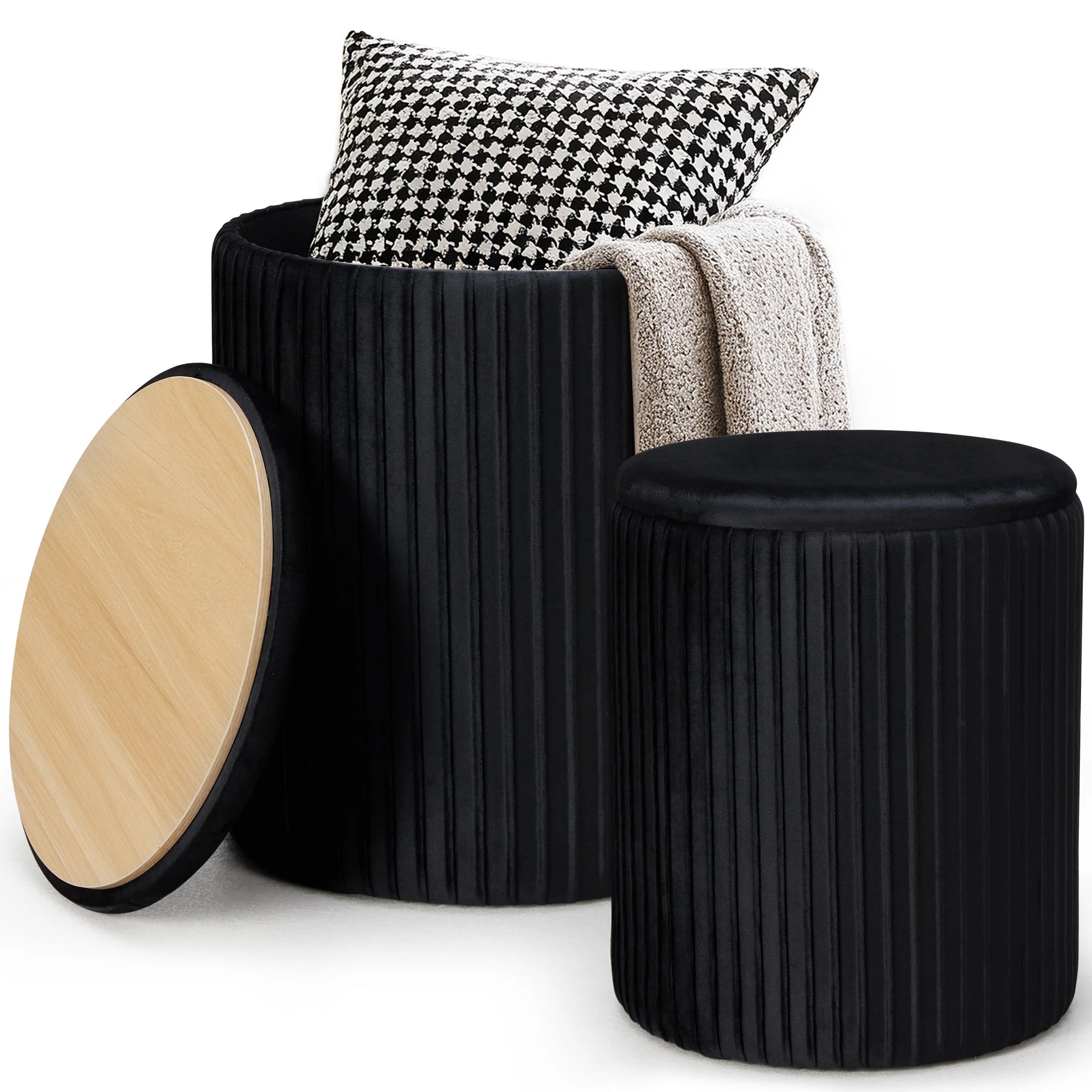 Round Ottoman Storage Set of 2 Nesting Footstools with Lids