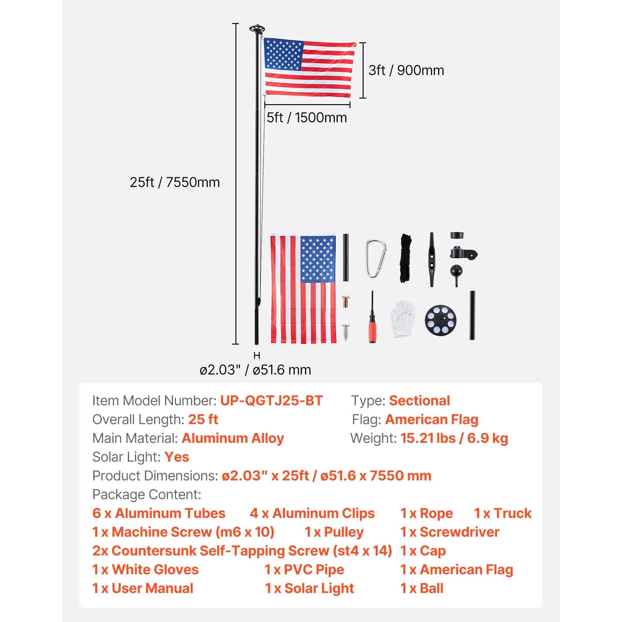 16/20/25/30ft In-Ground Aluminum Flag Pole Kit with Flag