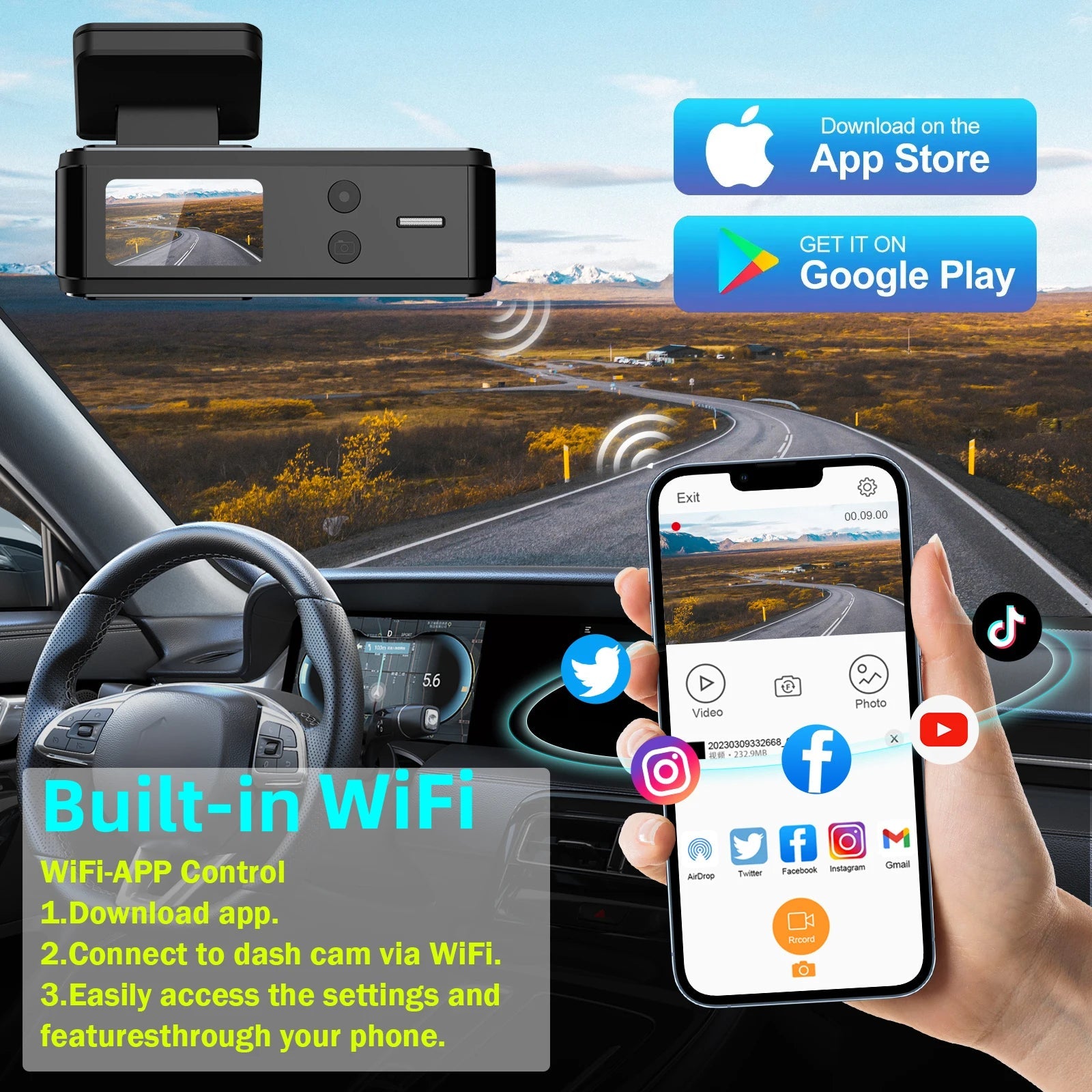 Aprilboy 4K WIFI Dash Cam 2160P Car DVR Support front & rear lens Auto Car Camera with Night Vision G-Sensor 24H Parking Monitor