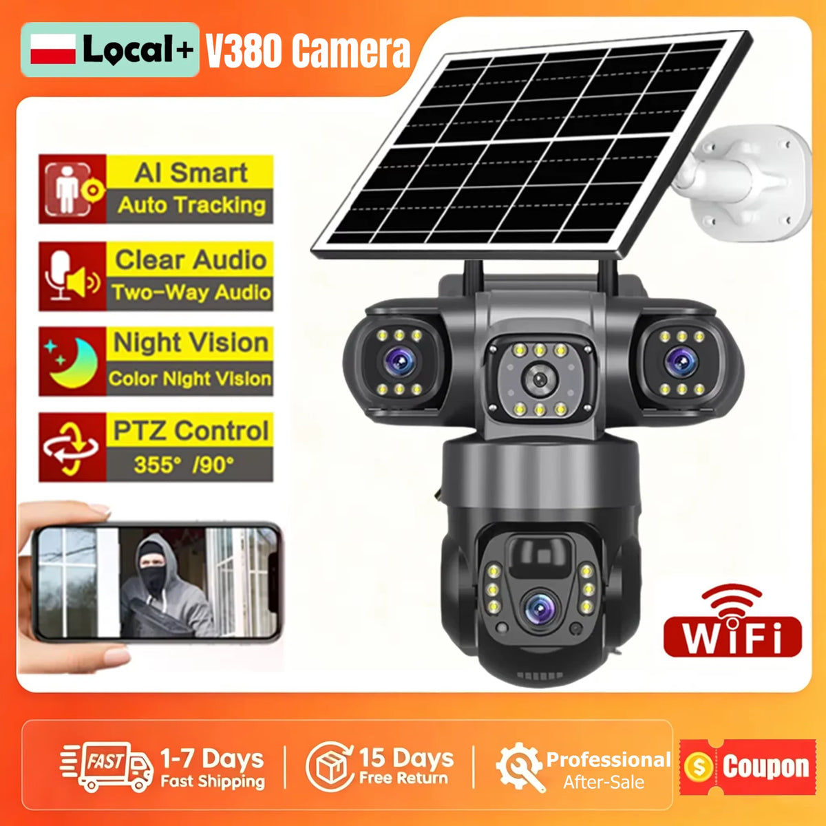 12MP Solar Outdoor PTZ Security Camera Triple Lens 360° Wireless