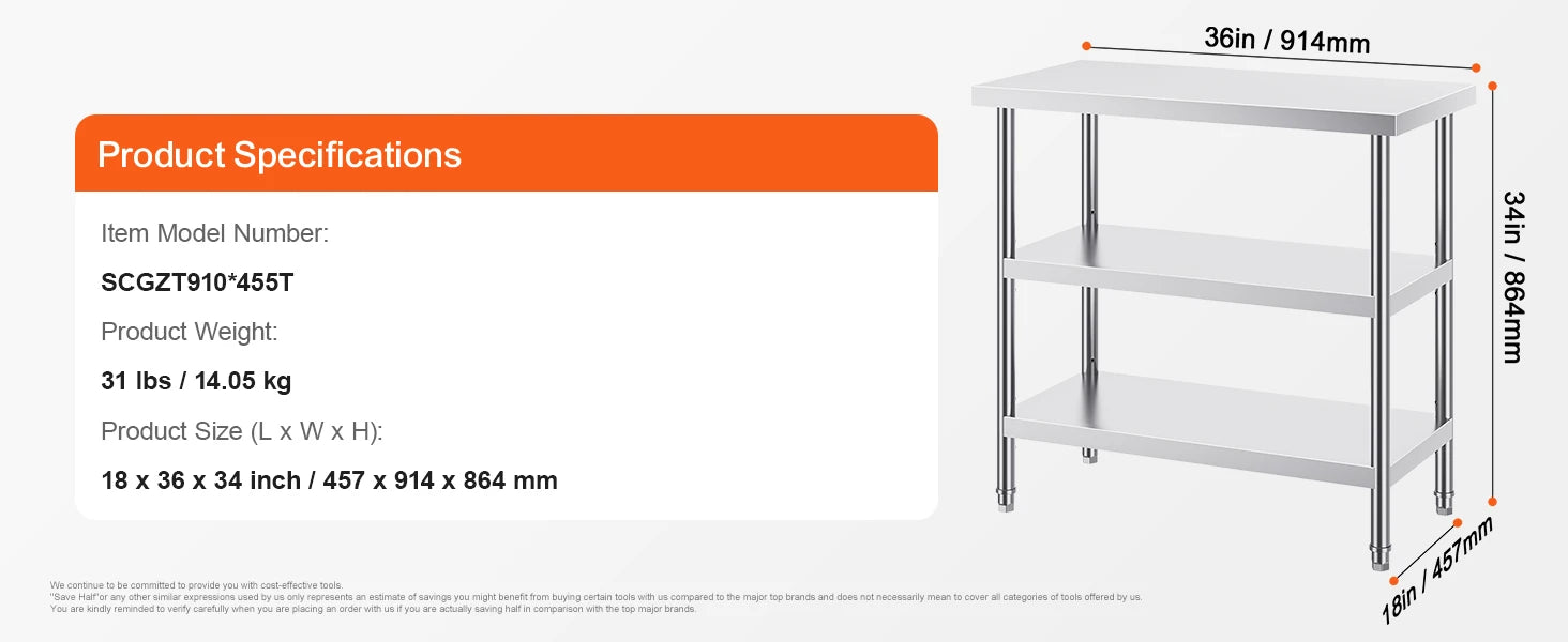 Stainless Steel Food Prep Table with Adjustable Shelves for Kitchen