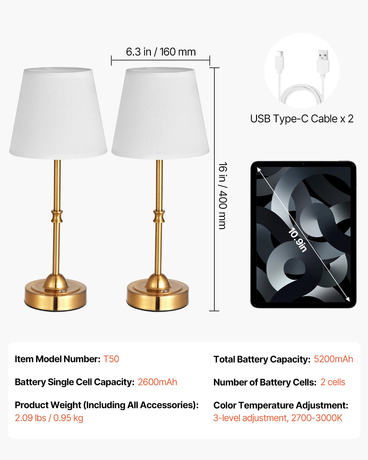 Cordless Table Lamp with Rechargeable Battery & Touch Dimming