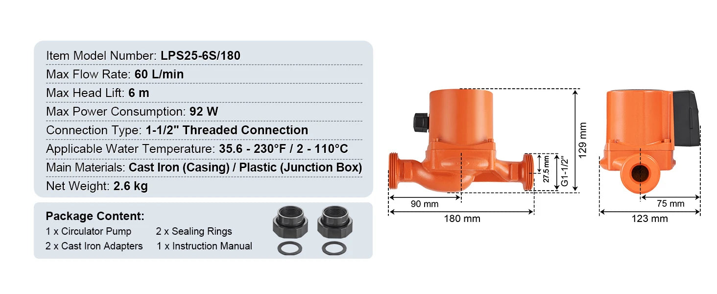 Hot Water Recirculating Pump 220V 3-Speed Quiet Operation