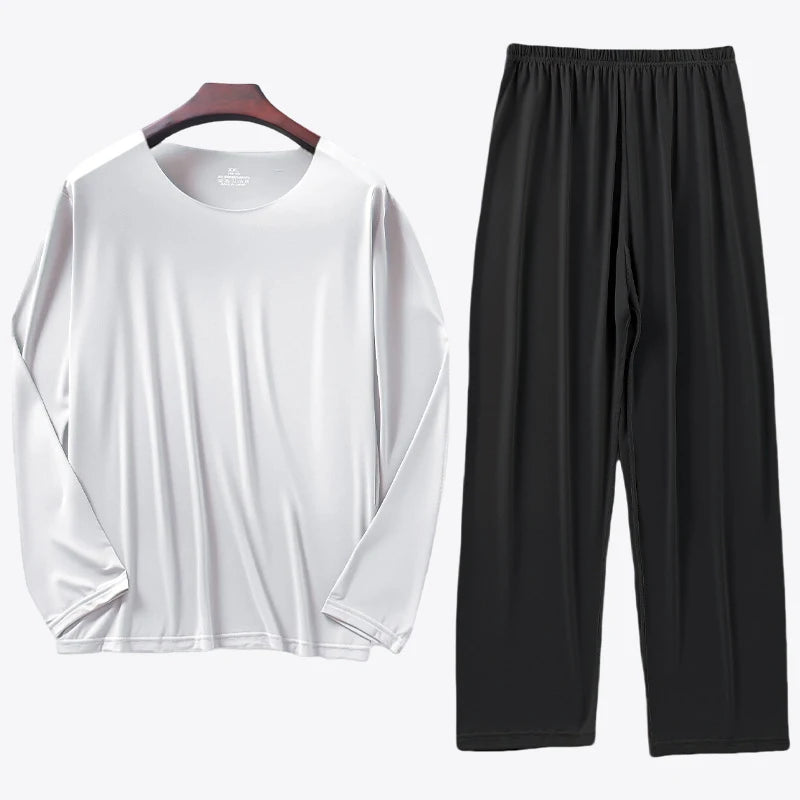 Men's Ice Silk Pyjama Set with Long Sleeve Top and Elastic Waist