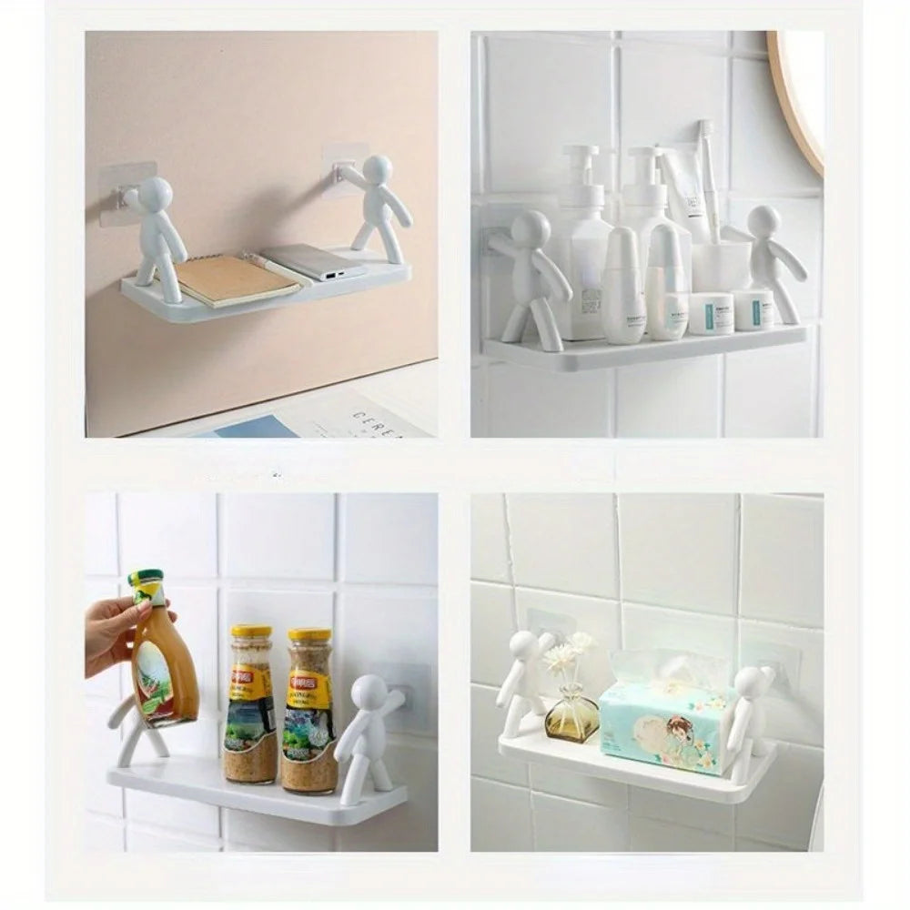 1pc Small Person Storage Rack Cartoon Non Punch Storage Rack Toilet Bathroom Cosmetics Storage Rack Seasoning Jar Sorting Rack