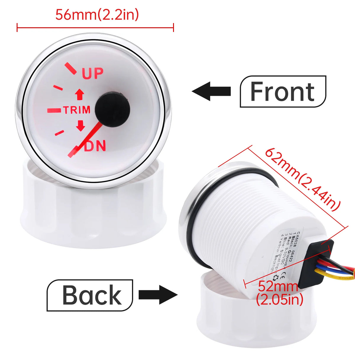 AD 52mm Marine Trim Tilt Indicator Meter 2 Inch Boat Trim Gauge for Inboard Outboard Engine with Red Backlight 9-32V Trim Meter