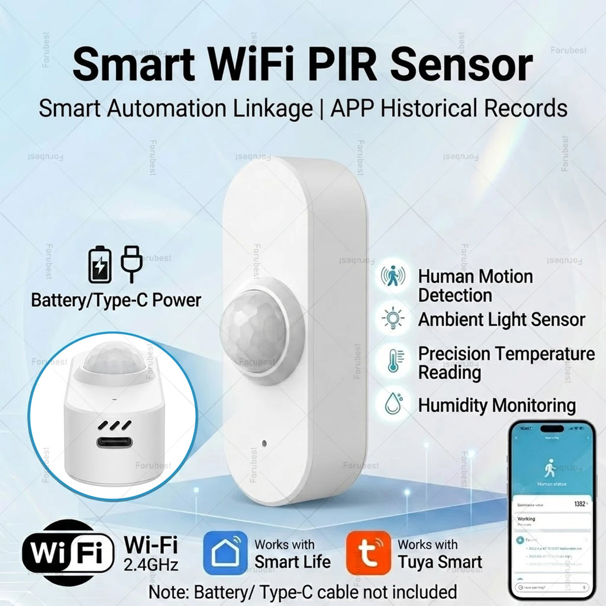 Tuya WiFi Smart PIR Motion Sensor With Brightness Temperature Humidity Detector USB/Battery Powered Human Body Infrared Sensor