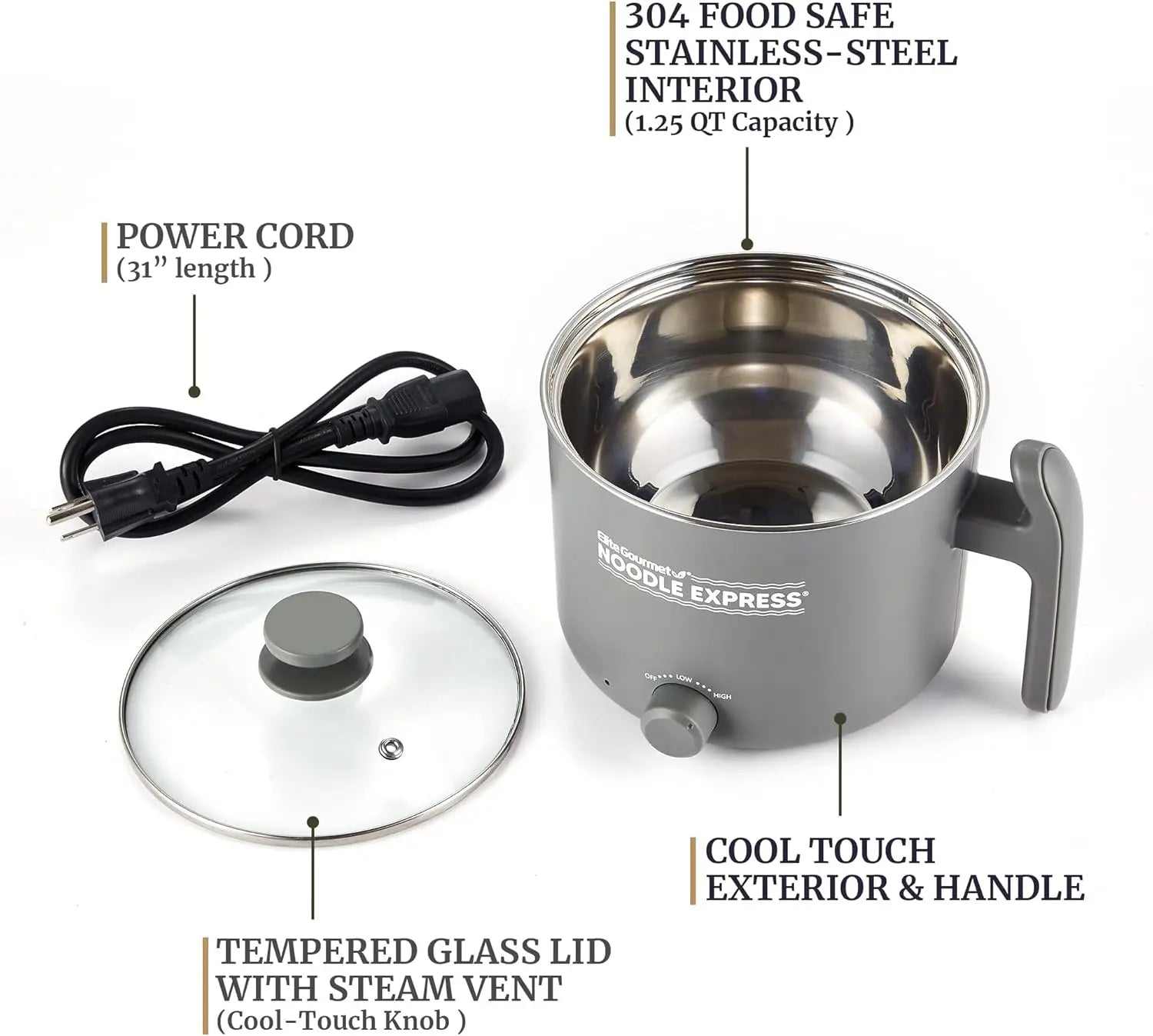 Hot Pot, Prepare Ramen, Rice, Soups, Stews, Boil Water, Stainless-Steel Interior, Glass Lid, High/Low/Off Settings, Grey