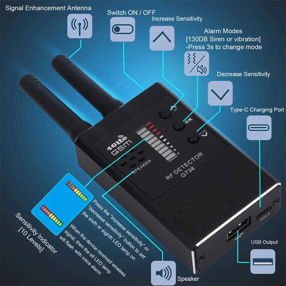 Portable G638 Professional Anti Spy Wireless RF Signal Detector, Hidden Camera Scanner, GPS Tracker, GSM Bug Finders