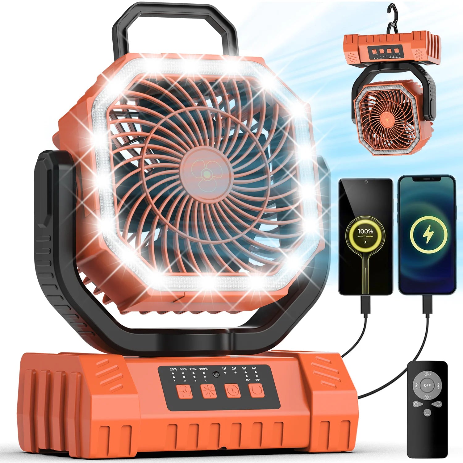 20000mAh Rechargeable Camping Fan with Auto Oscillation, Remote, Timer and LED Lantern
