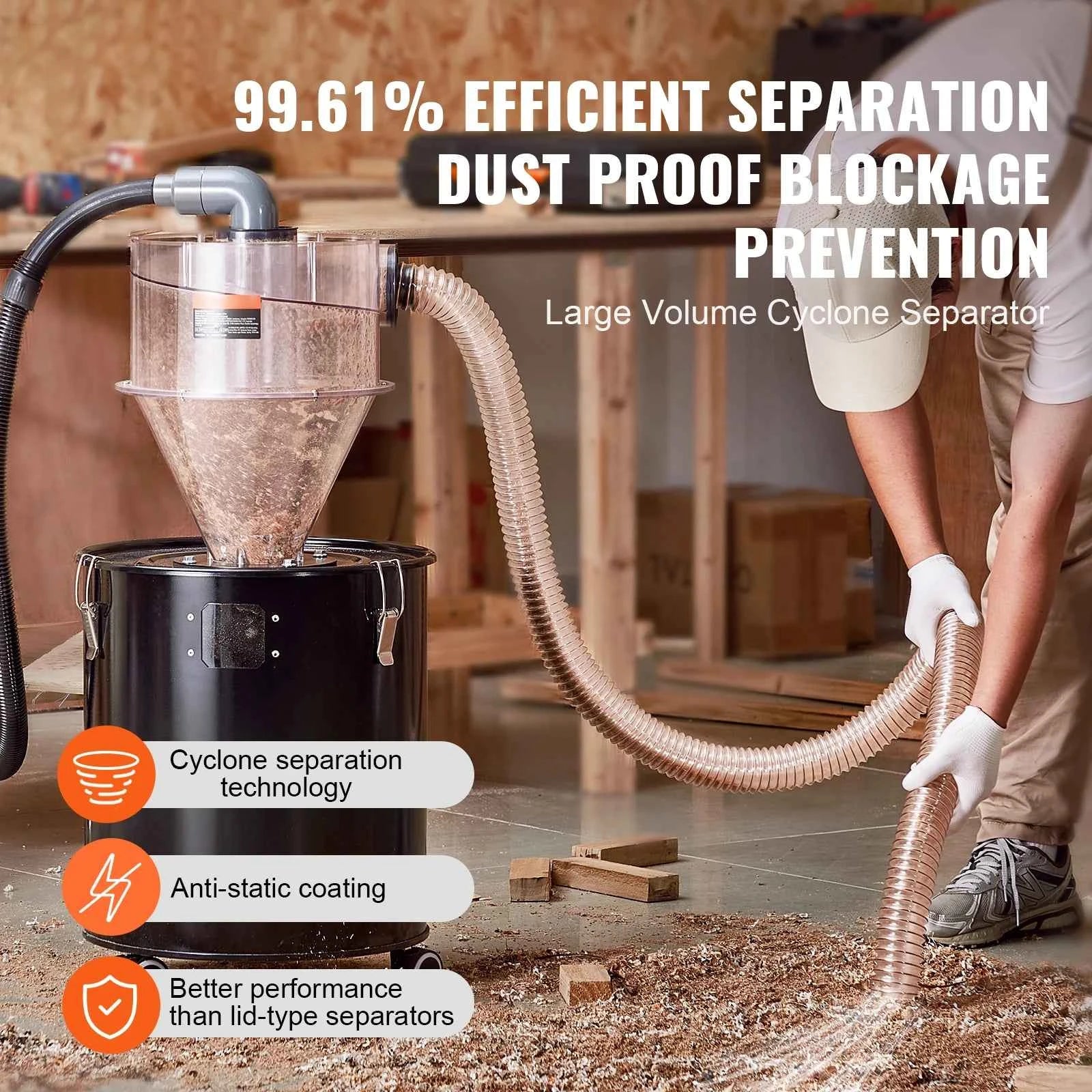 SucceBuy Cyclone Dust Separator with Metal Tank 4" Retrofit Cyclone Separator ABS Dust Deputy With 2" Hole O.D. Connector & Hose
