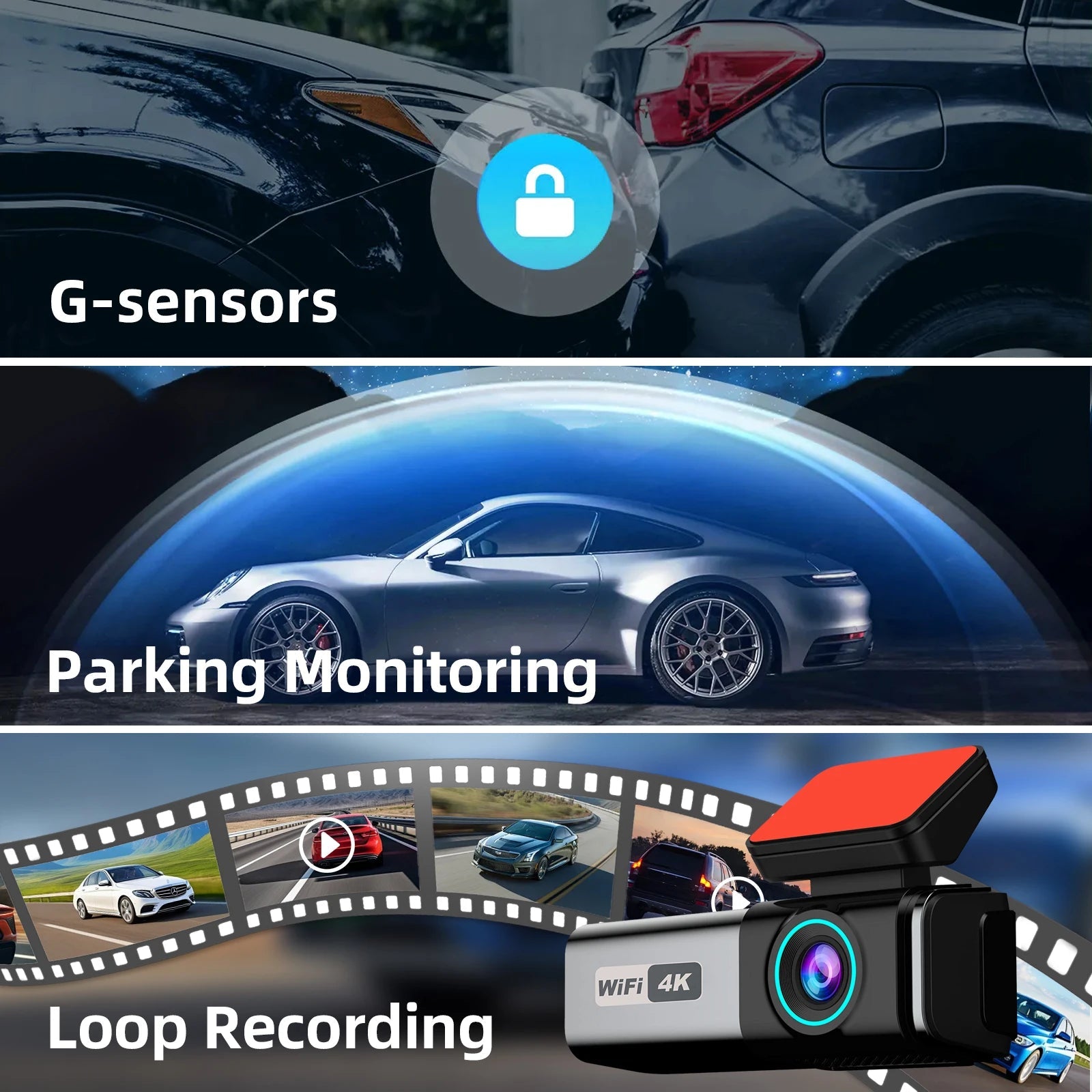 Aprilboy 4K WIFI Dash Cam 2160P Car DVR Support front & rear lens Auto Car Camera with Night Vision G-Sensor 24H Parking Monitor