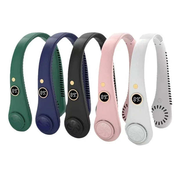 Ventoinha elétrica recarregável com ecrã digital para pendurar ao pescoço, design sem pás, ventoinha de pescoço sem pás, recarregável por USB