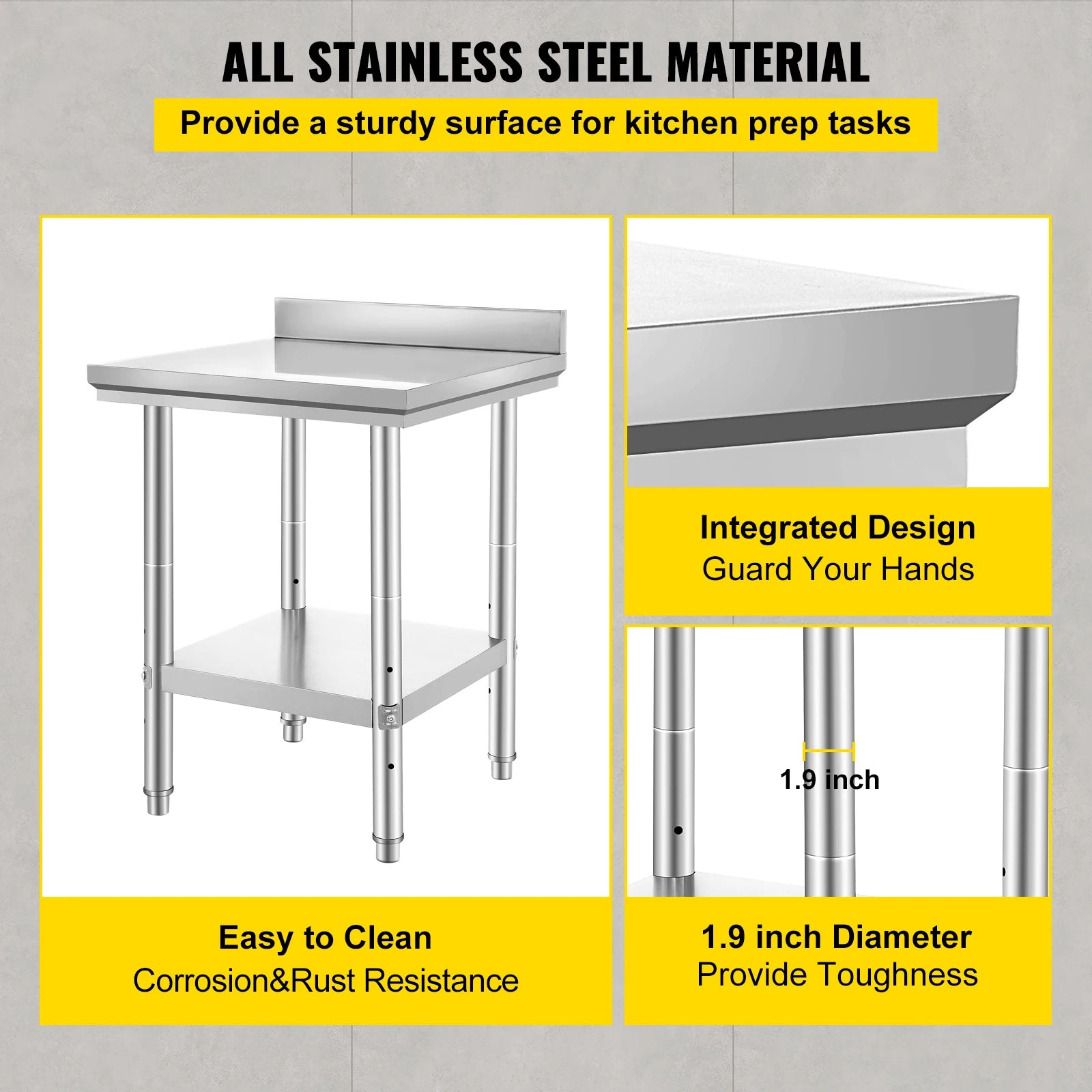 Stainless Steel Kitchen Work Table with Adjustable Shelf & Backsplash