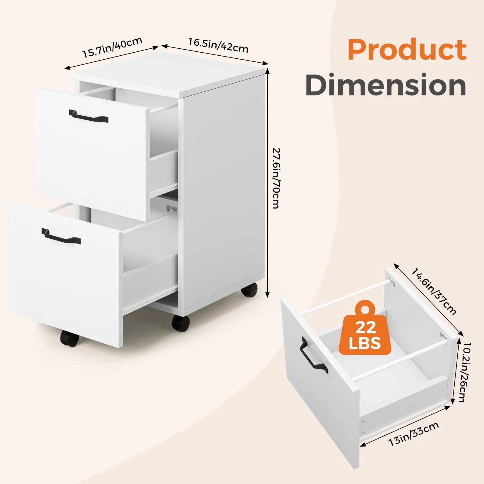2 Drawer Rolling Wood Filing Cabinet with Locking Wheels