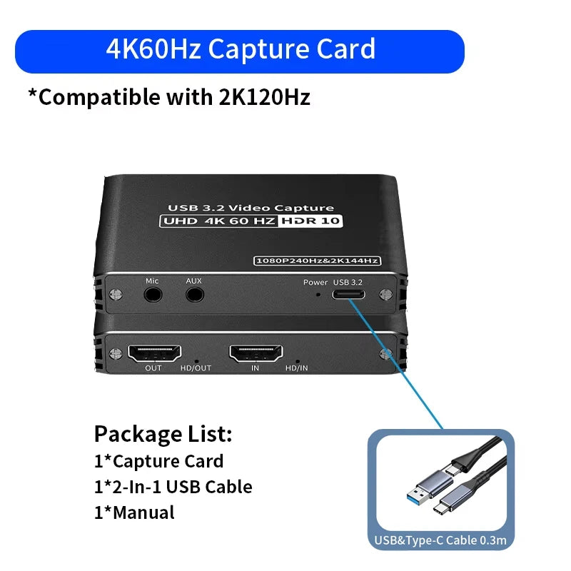 Unnlink 4K 60Hz 2K 144Hz Video Capture Card HDMI USB Recording Box Streaming Gaming / HDR Passthrough for PS5/4 Xbox Camera PC