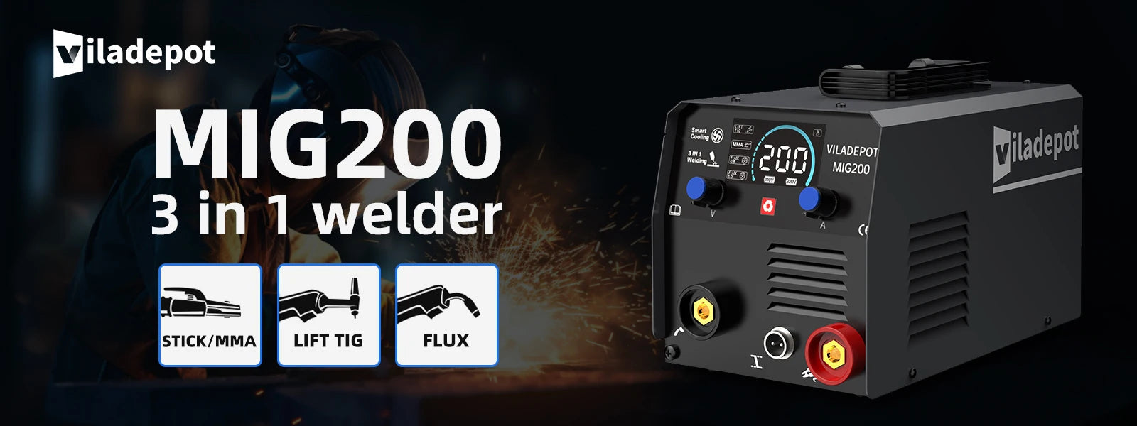 Viladepot 3 in 1 No Gas MIG Welder MIG/MMA/Lift TIG MIG200 Semi-automatic Welding Machine With Flux Cored Wire Gasless