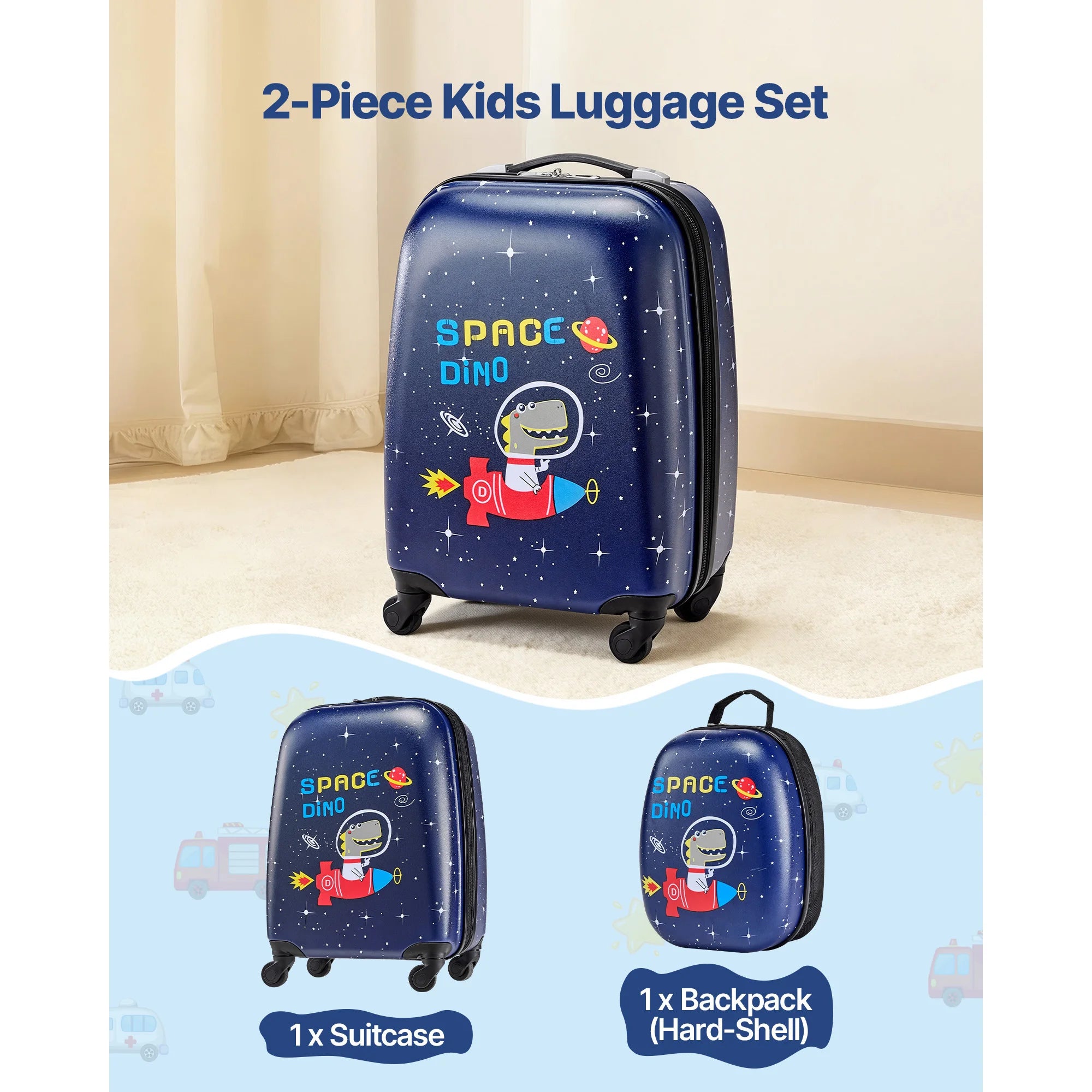 SucceBuy 2pcs Kids Luggage Set with Backpack 18in Rolling Wheels Suitcase Kids Carry on Luggage for Girls & Boys Travel Suitcase