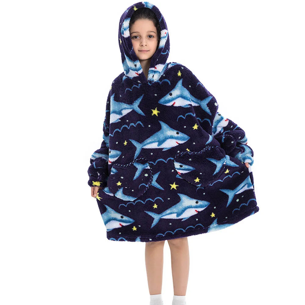 Girls Winter Clothes Flannel Thick Hoodies Super Warm Children's Sweaters Kids Hooded Loose Clothing Homewear Wearable Blankets