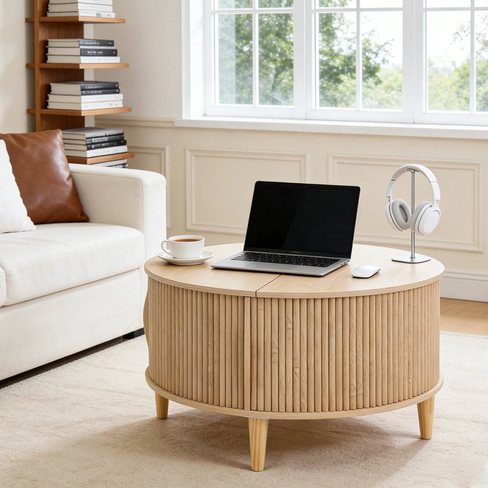 31in Round Coffee Table with Flip-Top Storage and Sliding Door