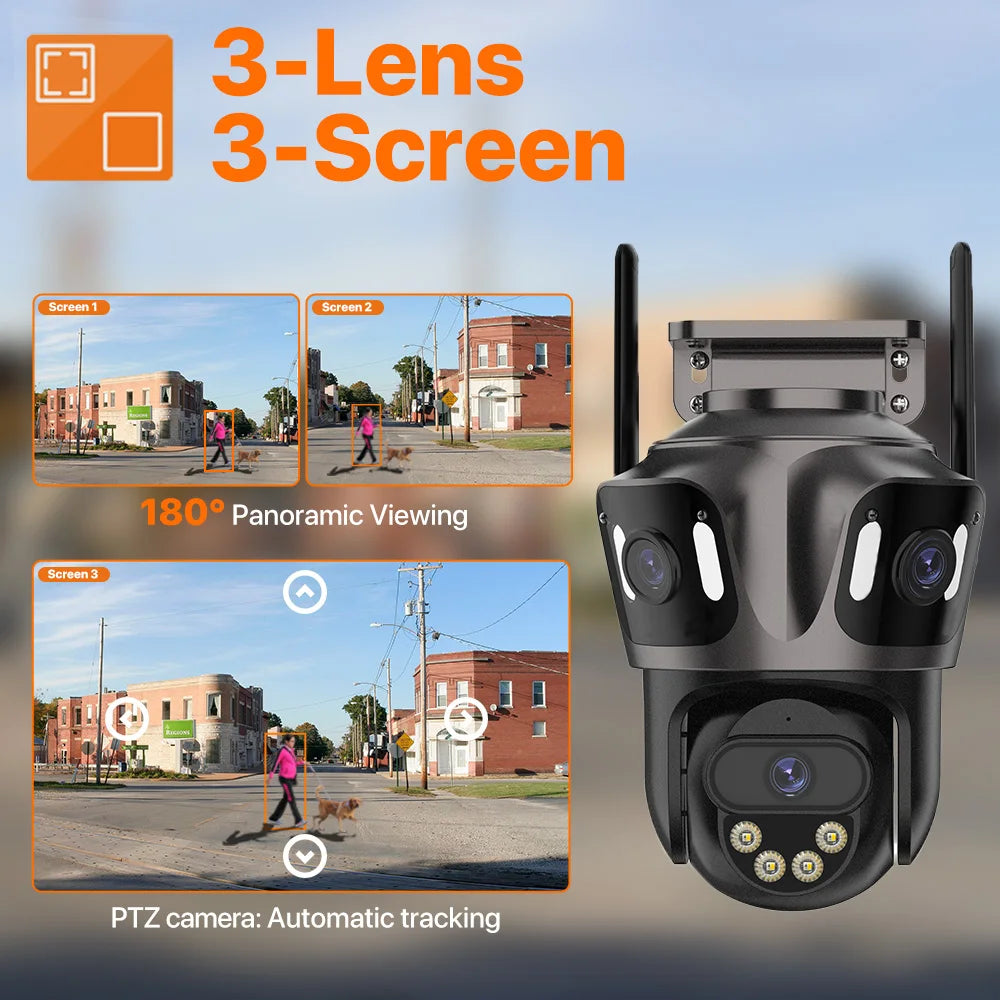 Three Screen WIFI IP Camera Outdoor 4K Dual Lens PTZ Camera Ai Human Detection IP66 Waterproof CCTV Video Security Camera iCsee