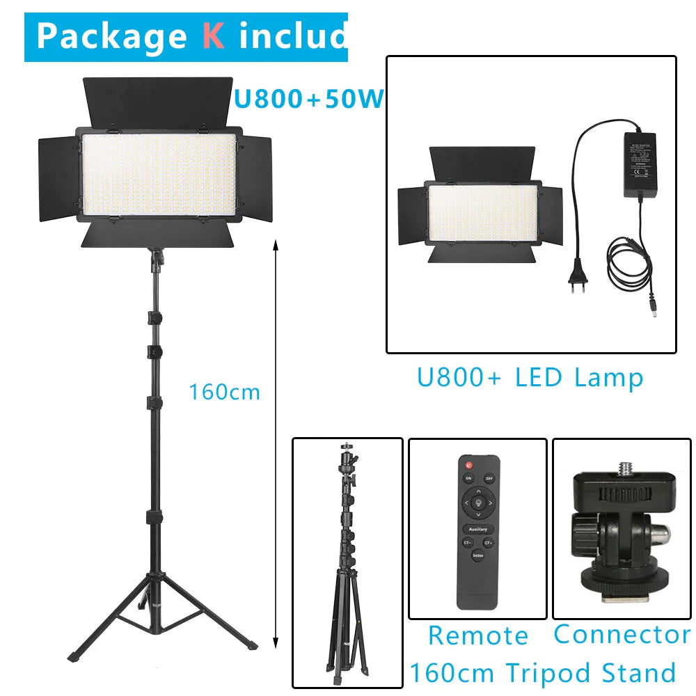 Lumière vidéo LED bicolore U800+ 2500K-8500K avec télécommande et trépied