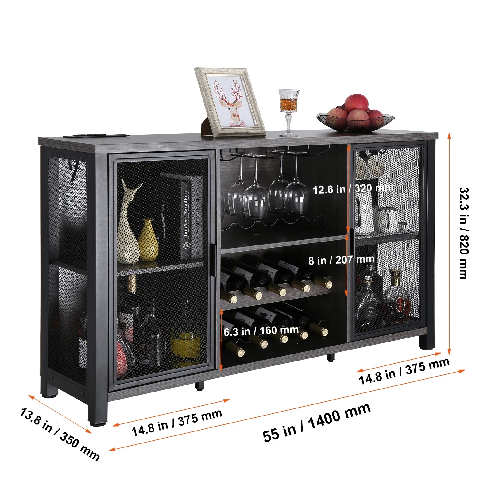 Aparador de vino estilo rústico con soporte para copas, capacidad para 13 botellas