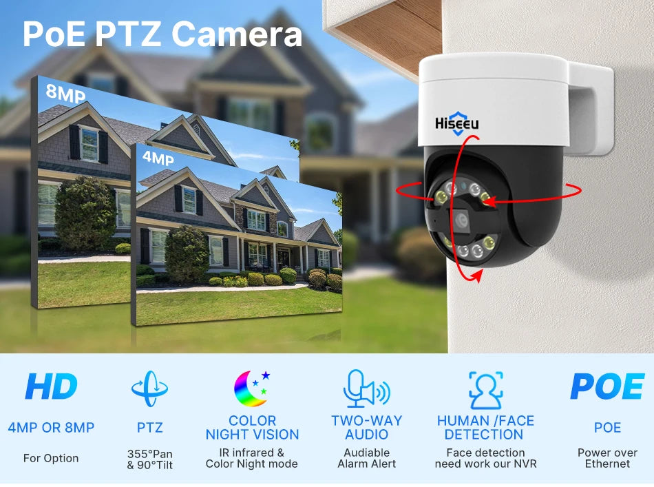 4K 8MP PoE PTZ IP Camera with Full Color Night Vision and Two-Way Audio