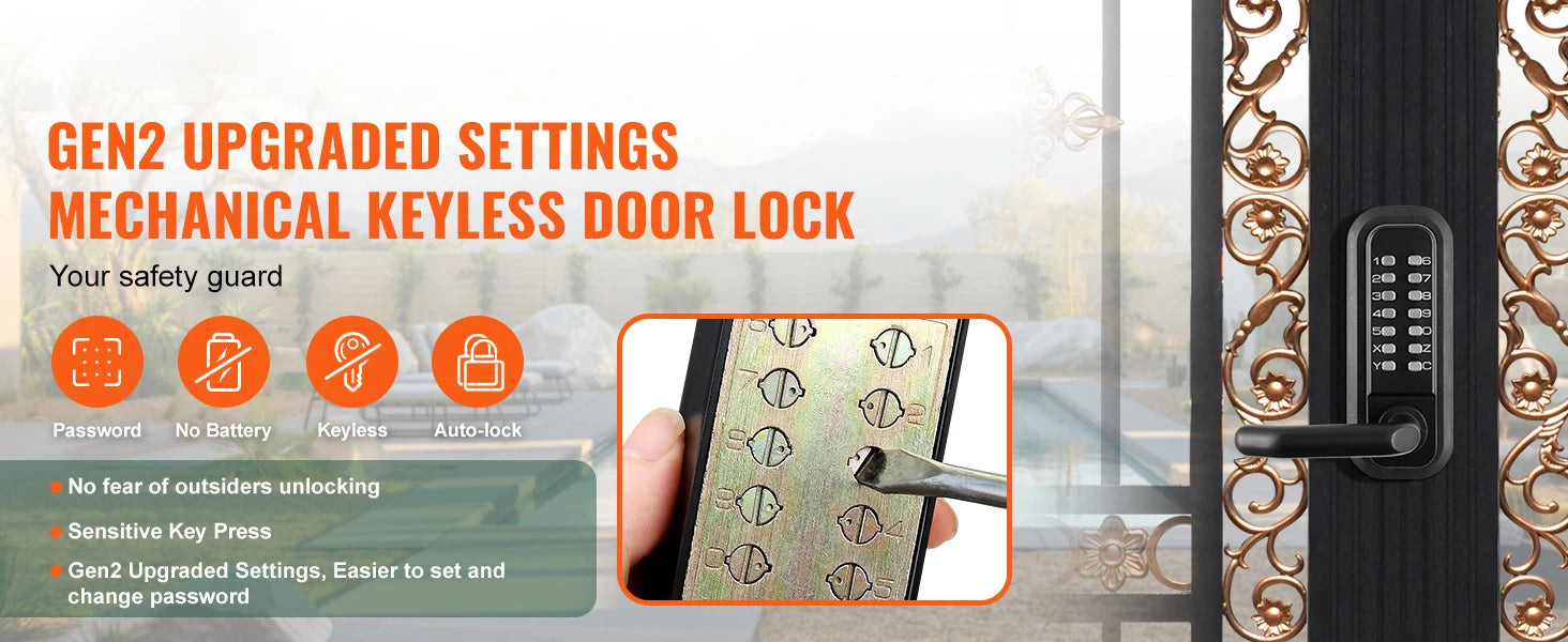 Mechanical Keyless Door Lock with 14-Digit Keypad, Auto-Locking