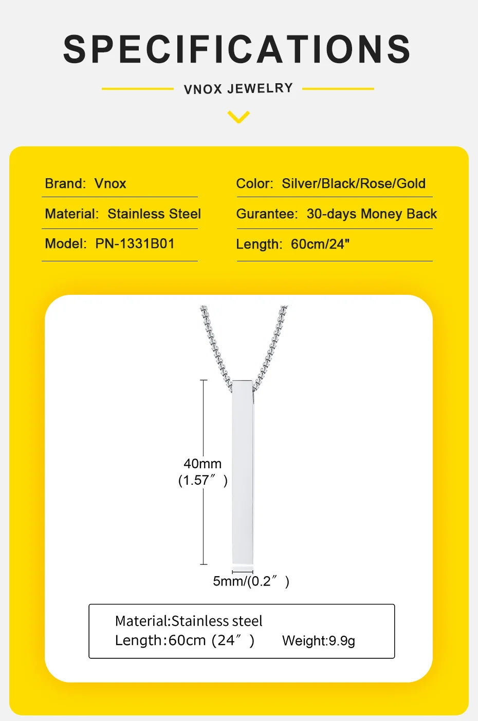 Vnox 5mm Pillar Necklace for Men Women, Stainless Steel 3D Bar Pendant, Minimalist Simple Casual Unisex Neck Collar