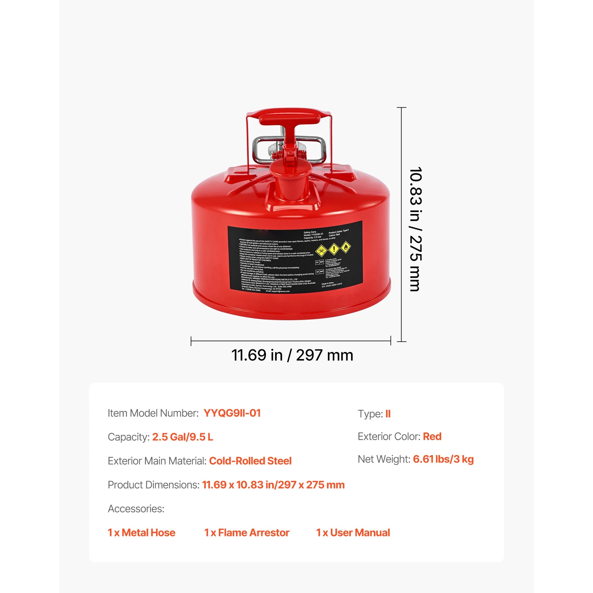 2,5/5 Gallon Säkerhetsbensindunk med Självstängande Lock och Metallpip