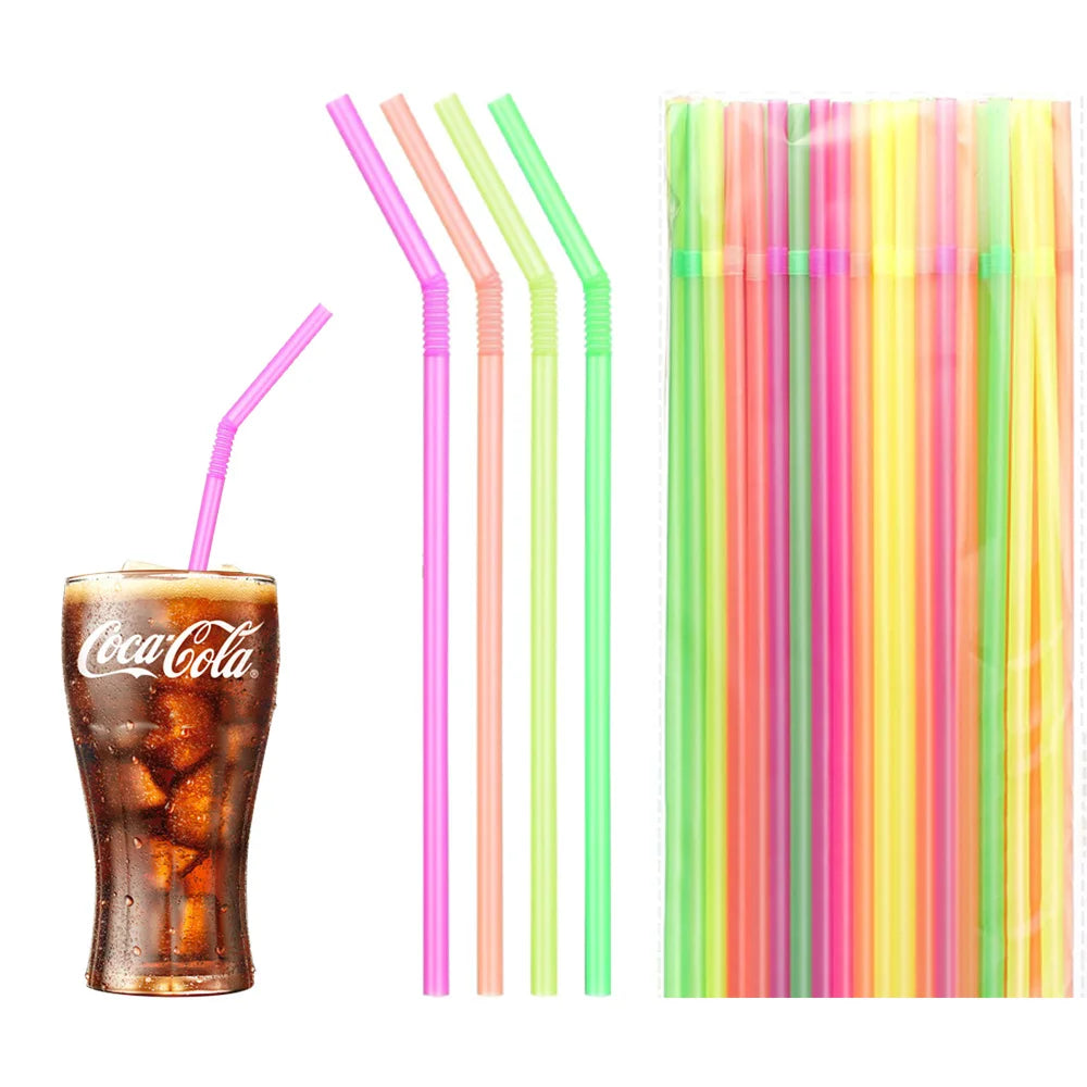 1000-100Counts Neon Colored Flexible Plastic Drinking Straws Disposable Straw 8.2'' inches Tall Assorted Colors