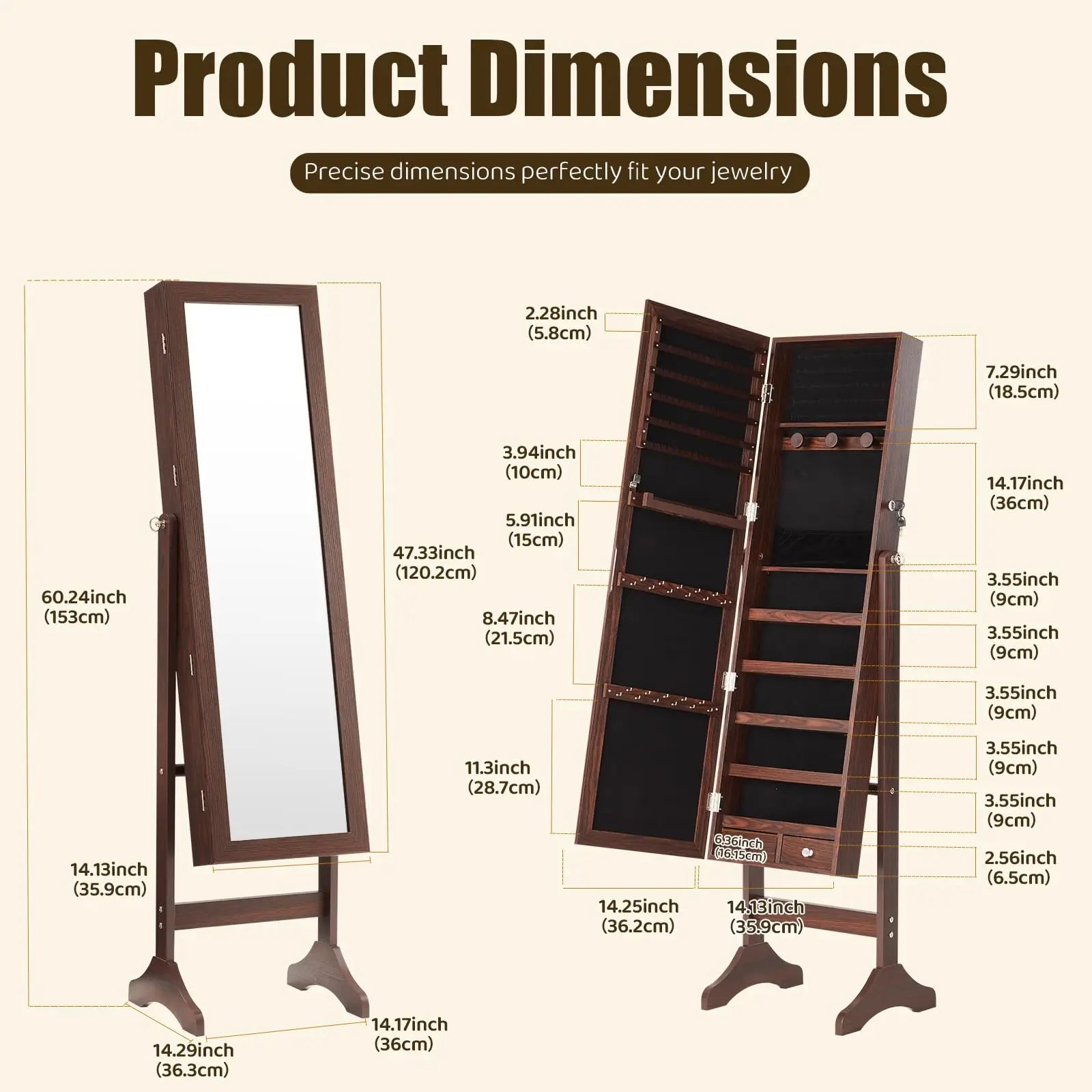 Full-Length Jewelry Armoire Mirror with Lockable Storage Cabinet