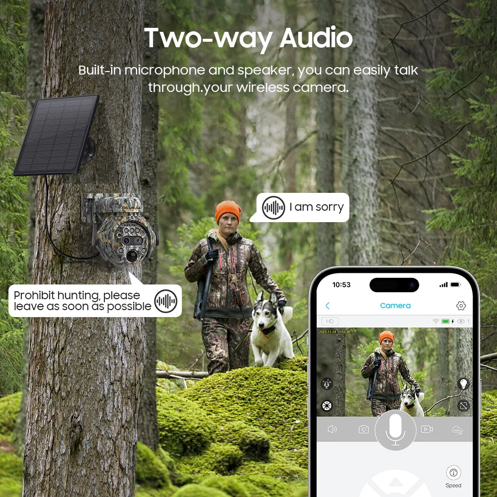 SHIWOJIA 12X ZOOM 4K 8MP Solar Camera Dual lens 4G 360° View Camouflage Color Outdoor Hunting Camera 7800mAh Battery Ubox app