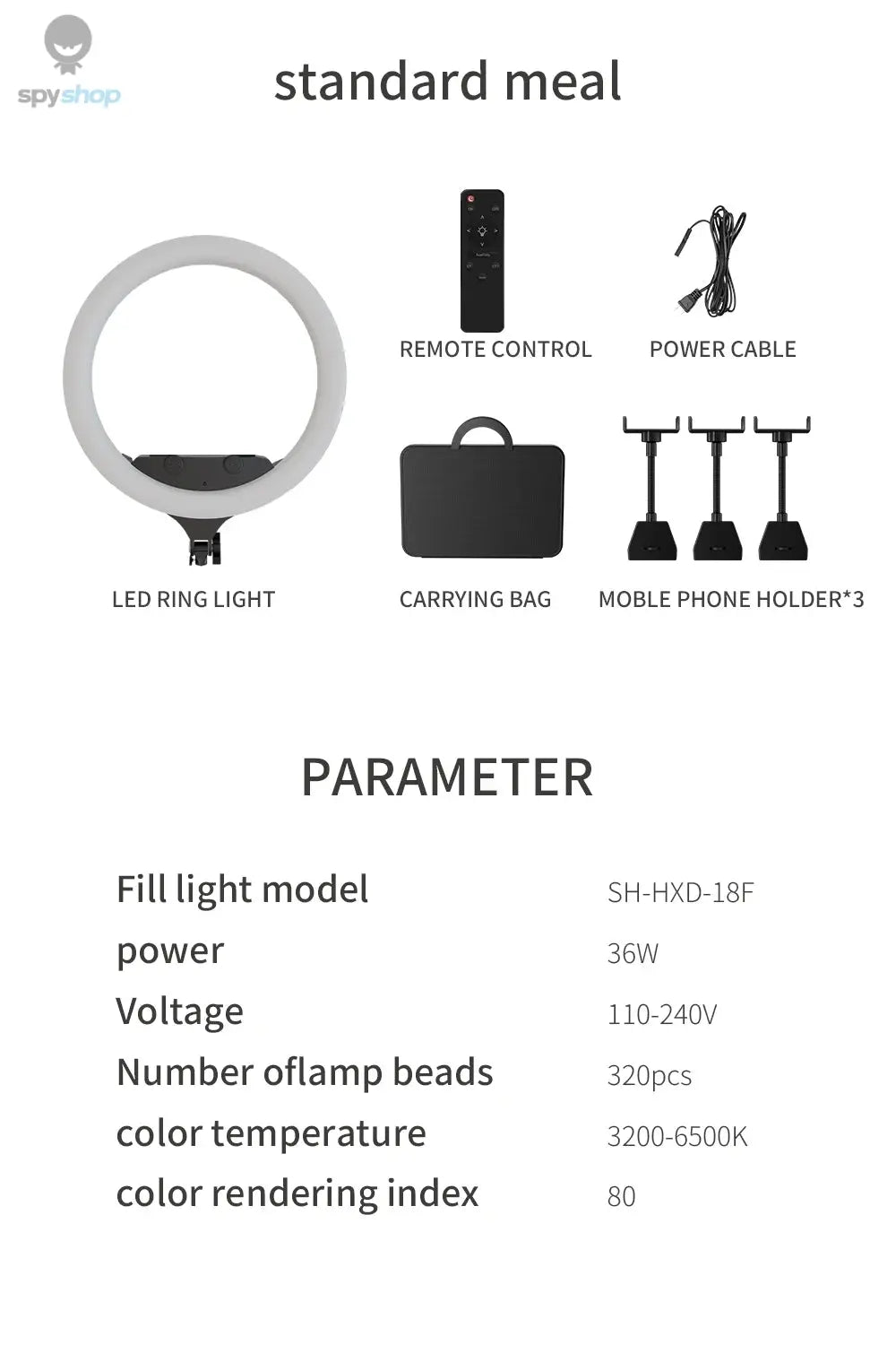 SH Ring Light 18inch Kit 36W 6500K Professional LED Control Stand Phone Holder Tube Bag for Tattoo Lash Extension Barber Light
