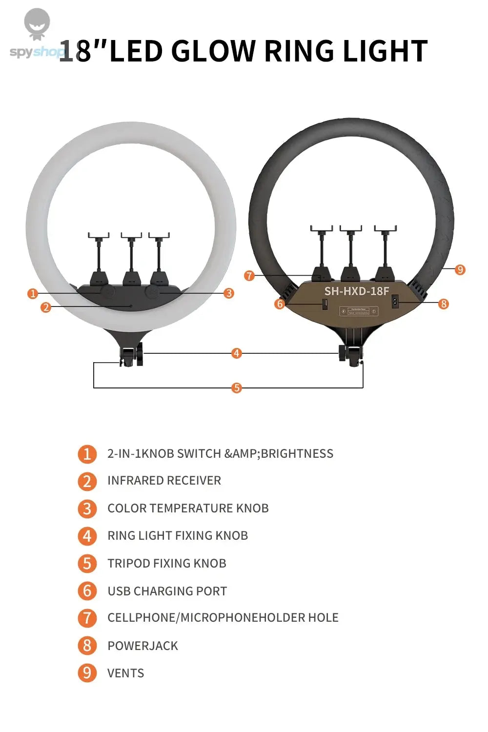 SH Ring Light 18inch Kit 36W 6500K Professional LED Control Stand Phone Holder Tube Bag for Tattoo Lash Extension Barber Light