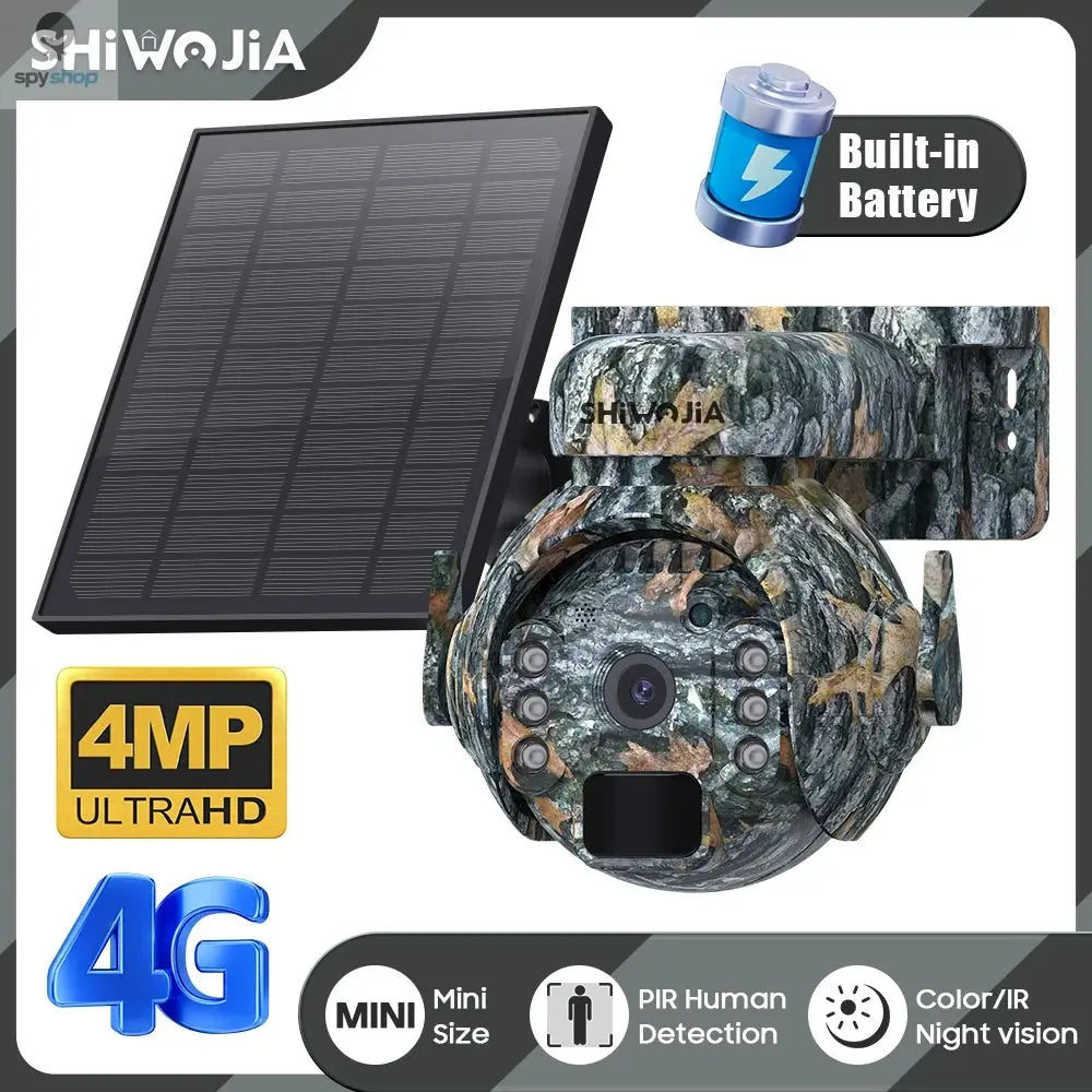 SHIWOJIA 4MP 4G Solar Security Cameras WIFI Wireless Outdoor 2K 360° View Animal Monitoring Camouflage Color Battery PTZ Camera Spy-shop.com