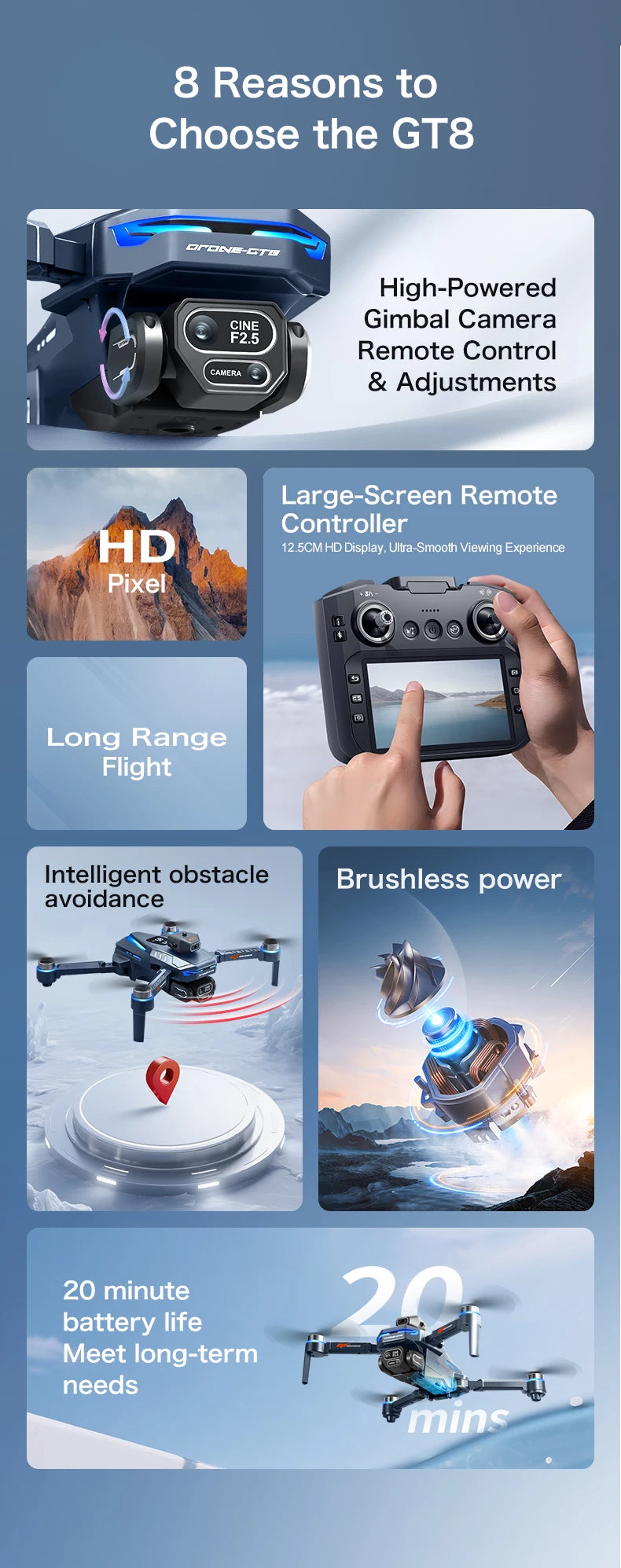 Nový GT8 Drone 8K profesionální HD Duální kamery obrazovky Dálkový 5G WIFI bezkartáčový motor Ovládání překážek skládací quadcopter hračky