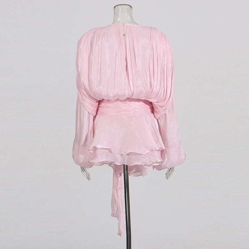 TWOTWINSTYLE Solid Patchwork Lace Up Blouse Mini Dresses For Women V Neck Long Sleeve Sweet Style Dress Female Clothing Fashion