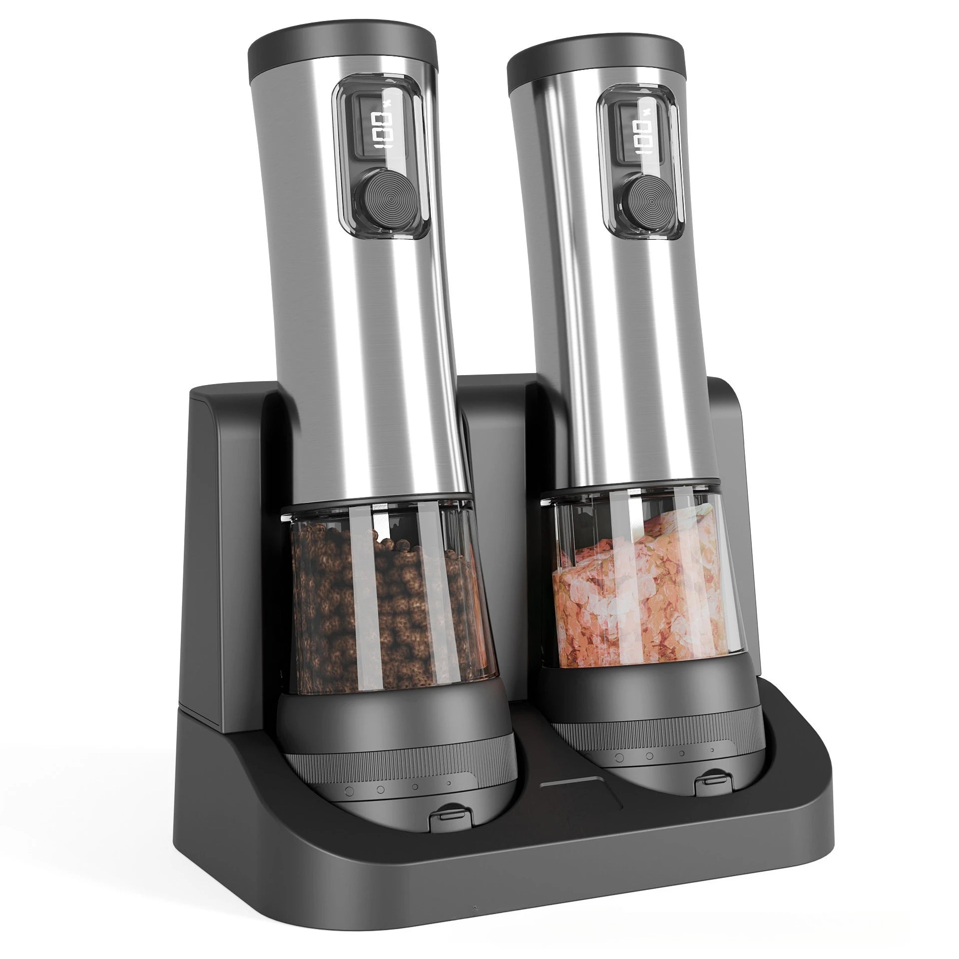 Electric Salt & Pepper Grinder Set with Rechargeable Base & LED