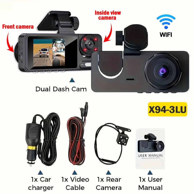 3-канална камера за кола 1080P с предна, задна и вътрешна камера, WiFi, нощно виждане и режим на паркиране