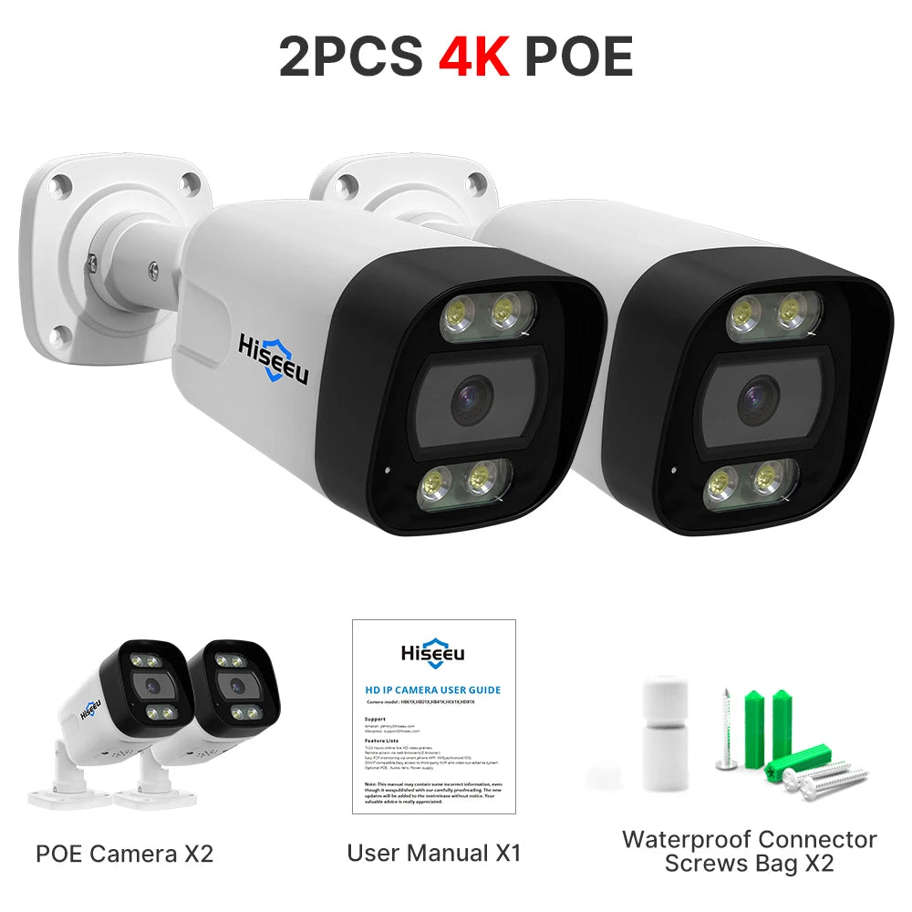 Hiseeu 4K 8MP 5MP POE IP Camera Outdoor H.265 Onvif CCTV Color Night Vision Home Security Camera XMEye Pro