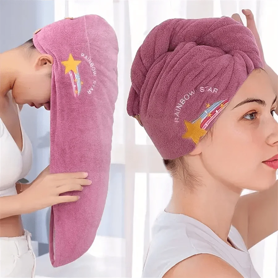 Quick-Dry Coral Fleece Hair Towel Wrap with Embroidery
