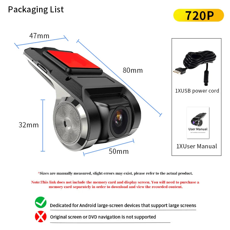 Cameră auto USB 720p pentru unități multimedia Android compatibile