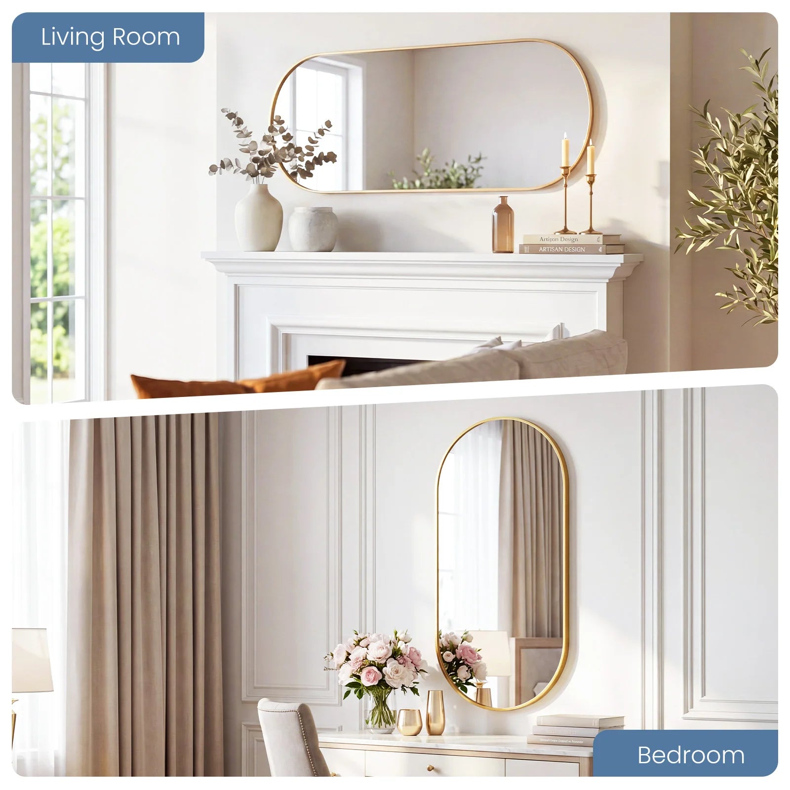 Oval Wall Mirror with Metal Frame – Modern Tempered Glass Decor