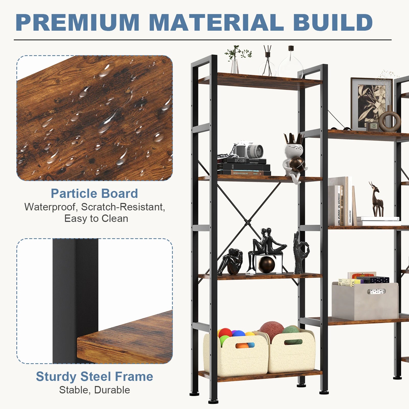 4-Tier Wide Bookshelf with Adjustable Shelves and Metal Frame